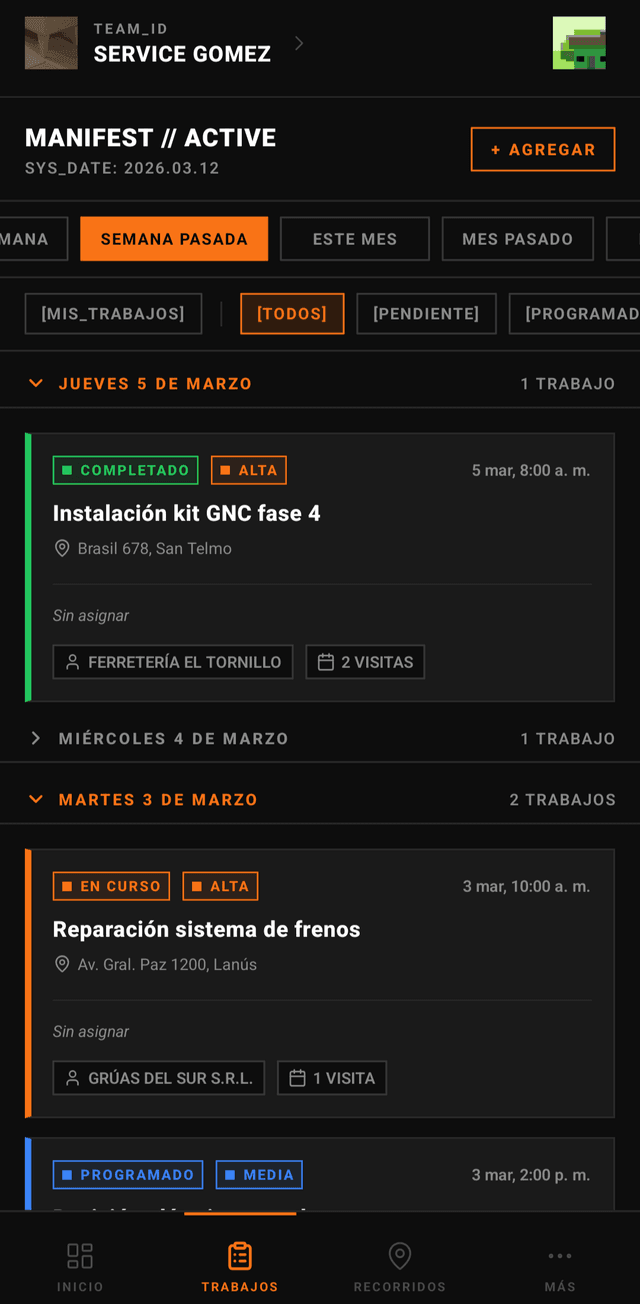 Listado de trabajos con miembros asignados